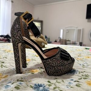 Valentino Garavani Red Glitter Platform Peep Toe Heels | Size 38